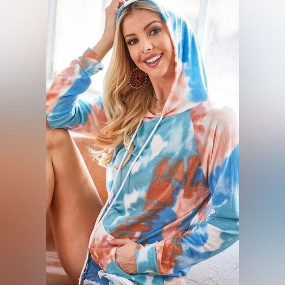 BiBi Tops - BiBi Tie Dye Jersey Knit Hoodie With Kangaroo Pocket